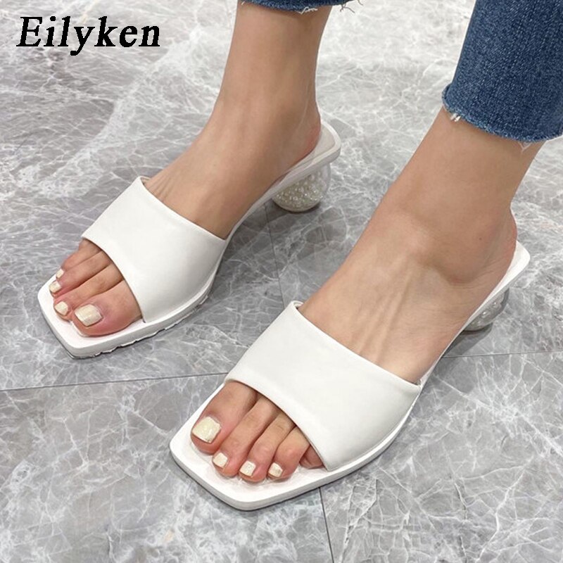Eilyken 2021 Summer Design Clear Perspex Pearl Round Ball Low Heel Slippers Women Square Toe Party Dress Female Sandals image 6