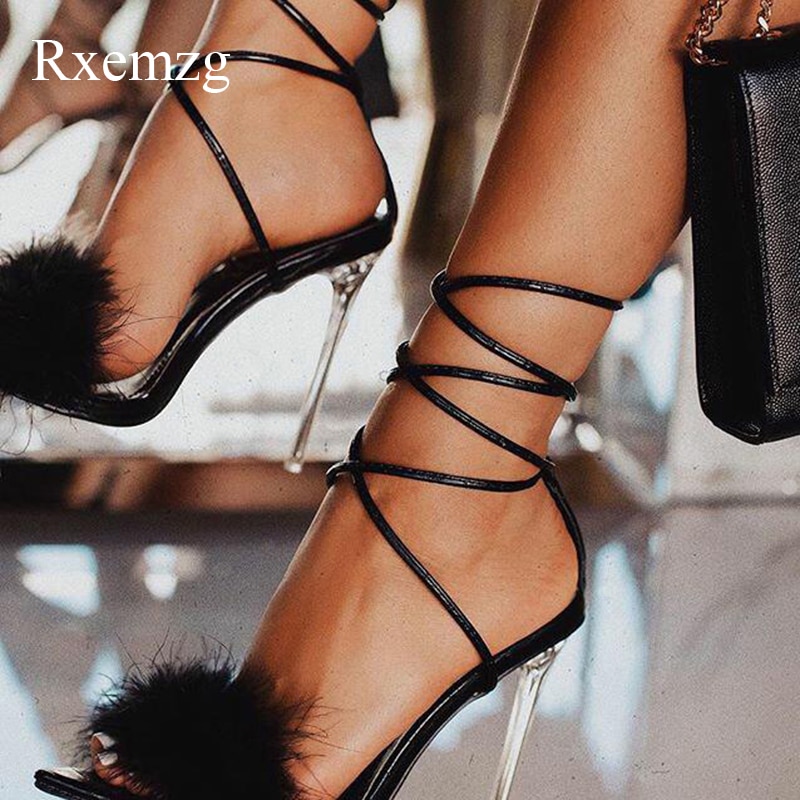 summer shoes woman pointed toe snake print high heels sexy feather women sandals ankle cross strap transparent clear heel image 9