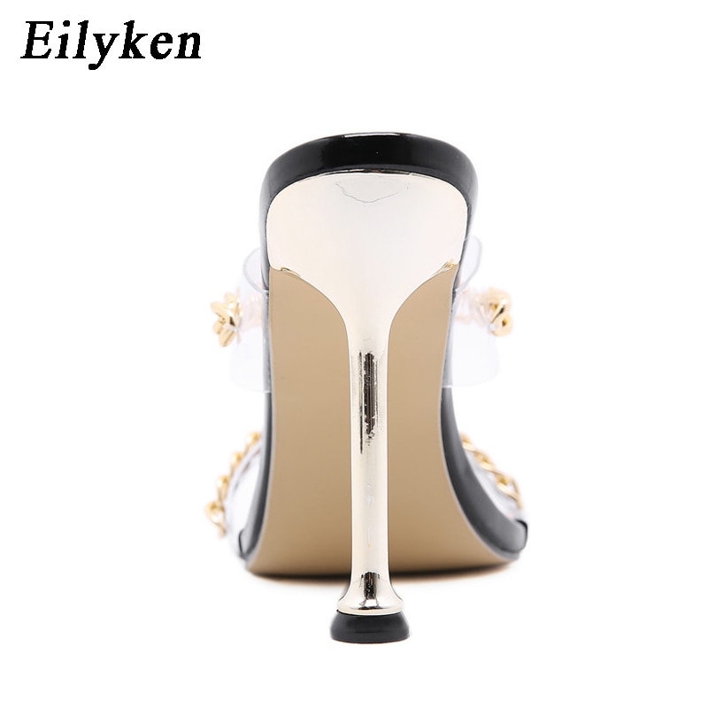 Sexy Transparent PVC Slippers Summer Thin High Heels Chain Design Slip On Square Toe Mules Slides Women Shoes image 5