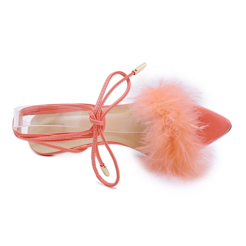 summer shoes woman pointed toe snake print high heels sexy feather women sandals ankle cross strap transparent clear heel image 6