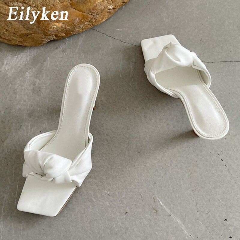 Design Pleated PU Leather Women Slippers Square Toe High Heels Ladies Slides Summer Outdoor Dress Shoes image 9