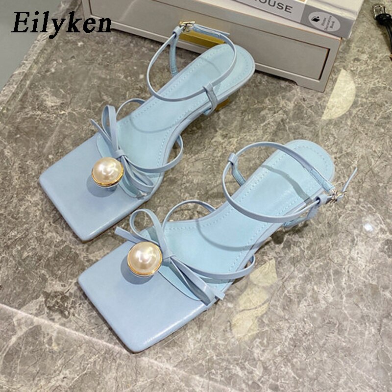 Pearl Decoration Clip Toe Square Toe Ankle Buckle Strap Sandals Summer Women Low Heels Party Dress Shoes image 3