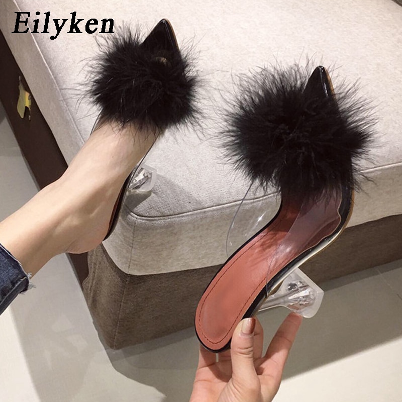 Summer Woman Pumps PVC Transparent Feather Perspex Crystal High Heels Fur Peep Toe Mules Slippers Ladies Slides Shoes image 9