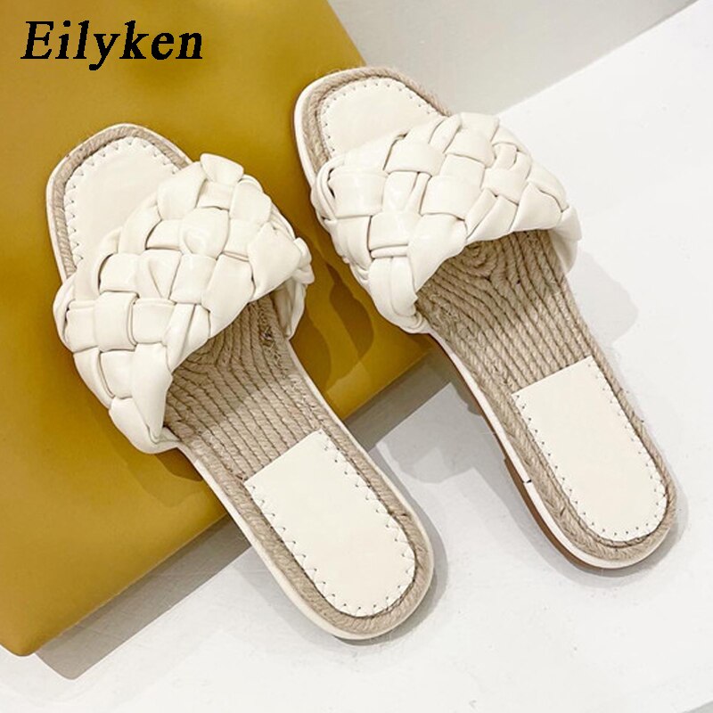 Summer Women's Slippers 2021 Weave Flat Heel Casual Ladies Shoes Outdoor Beach Peep Toe Female Slides Shoes image 3