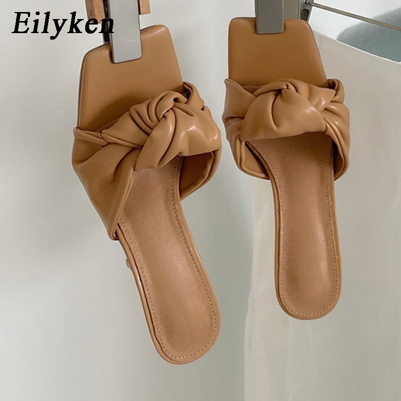Design Pleated PU Leather Women Slippers Square Toe High Heels Ladies Slides Summer Outdoor Dress Shoes image 3