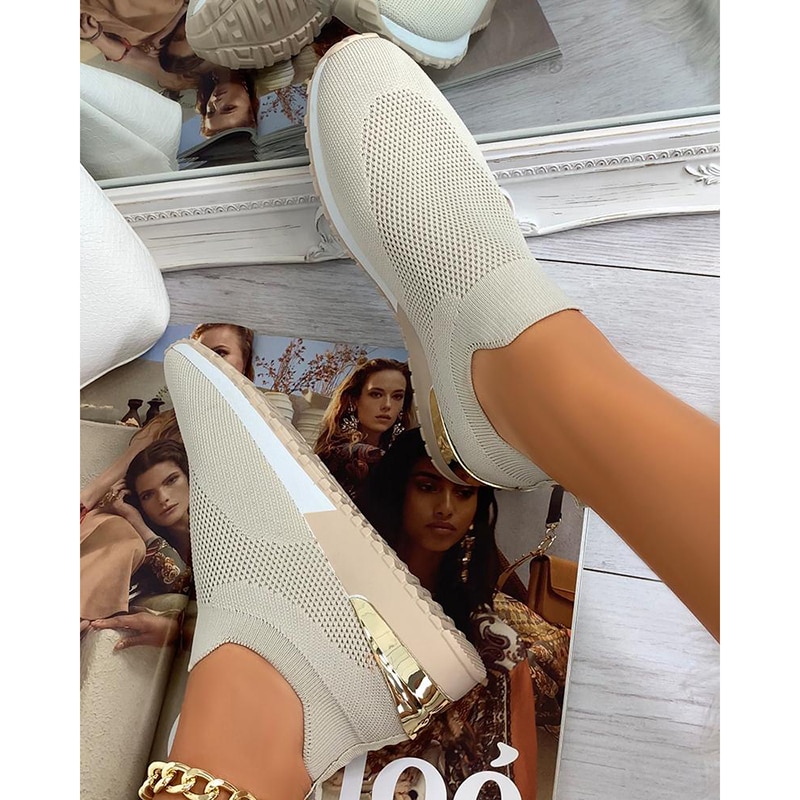 Summer Shoes For Women Elegant Elastic Slip-on Flat Shoes For Women Mesh Upper Breathable Sneakers Zapatillas Mujer