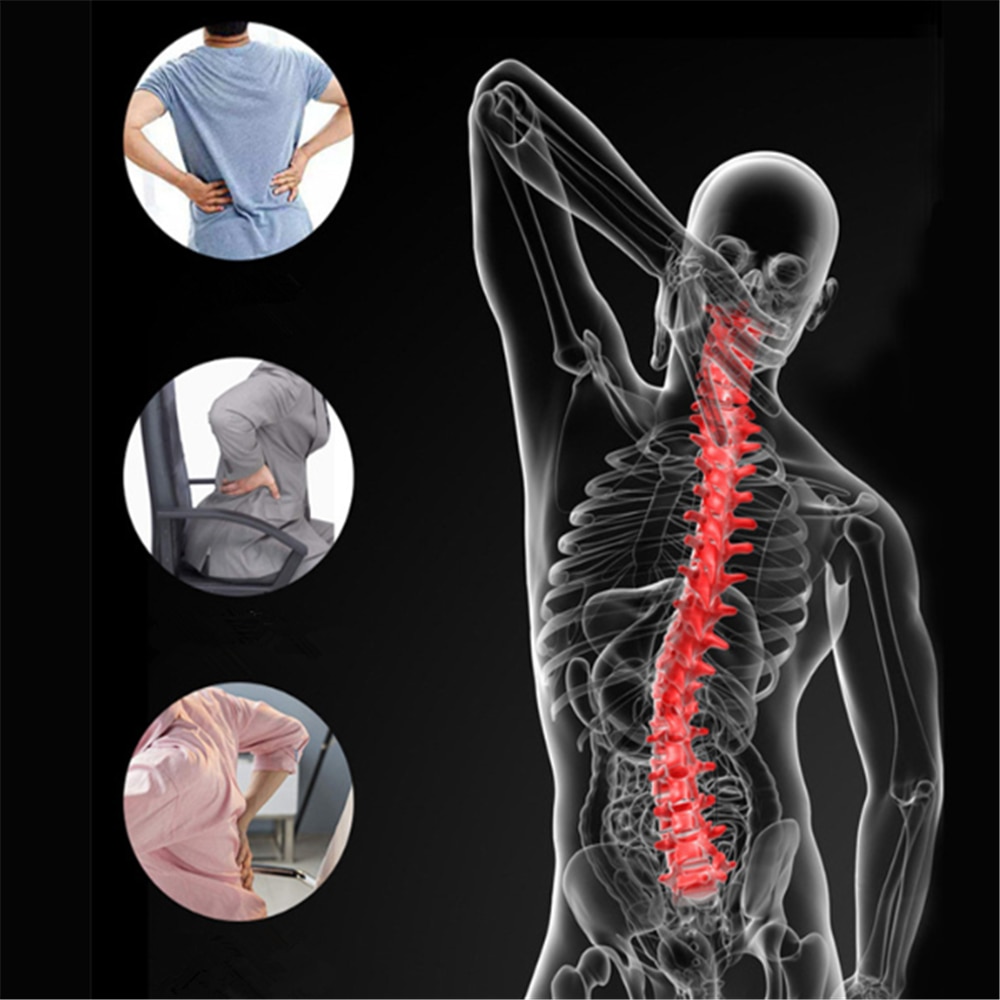 Anatomical X-ray diagram showing spine with highlighted vertebrae and nerve compression issues; three pain-point circles show lower back, neck, and seated posture problems