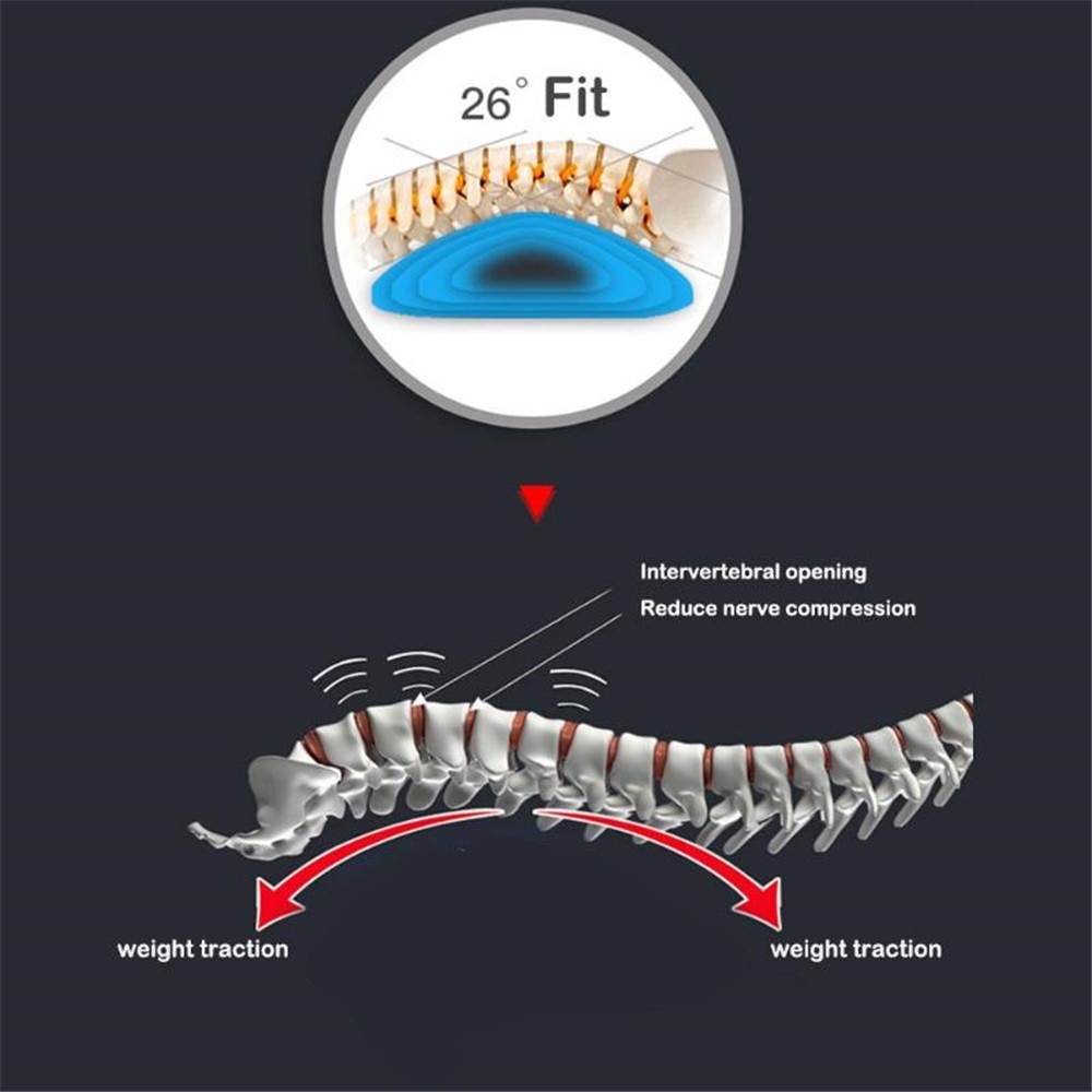 Close-up circular magnification of back stretcher showing the 26° curve fit with textured massage nubs and anatomical cross-section demonstrating intervertebral opening and nerve decompression