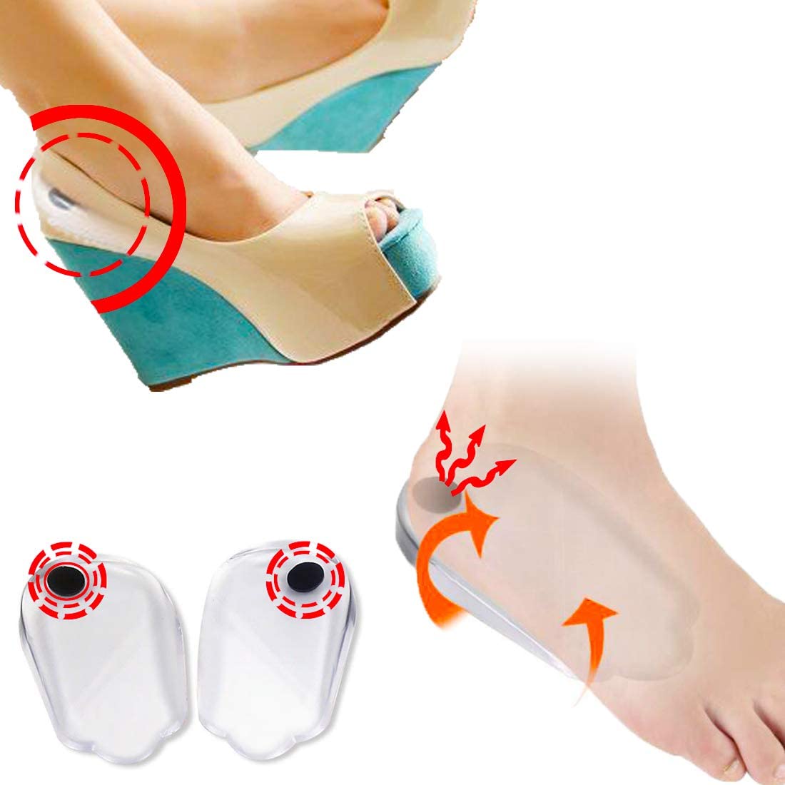 White silicone insole pods from multiple angles showing magnetic center activation points and yellow contoured support pad