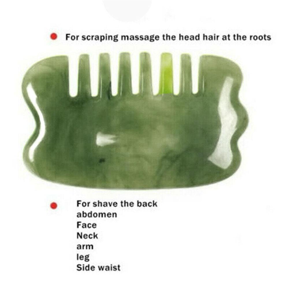 Instructional graphic showing scalp, face, neck, arm, back, leg massage points with comb-head jade tool