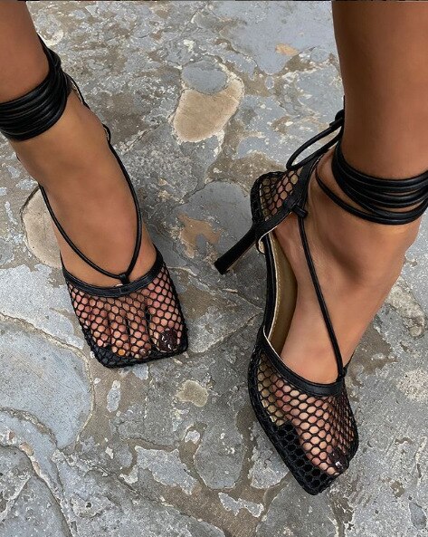 Sexy Red Mesh Pumps Sandals Female Square Toe High Heel Lace Up Cross-tied Stiletto Hollow Dress Shoes Mujer Bombas image 8