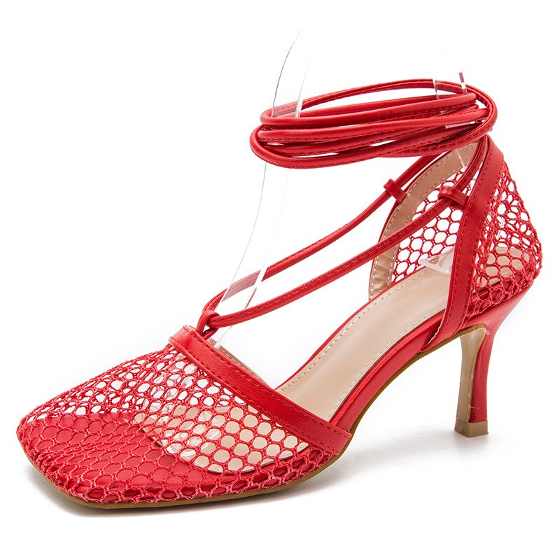 Sexy Red Mesh Pumps Sandals Female Square Toe High Heel Lace Up Cross-tied Stiletto Hollow Dress Shoes Mujer Bombas