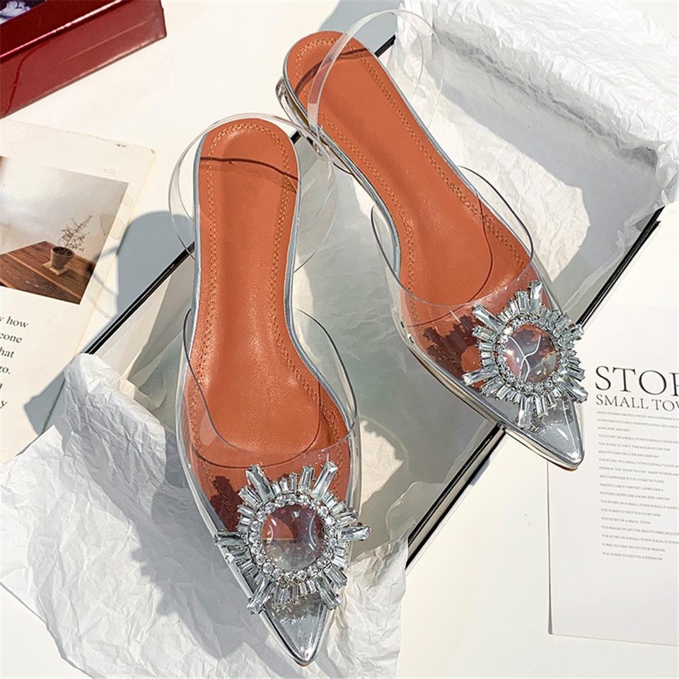 Clear PVC Transparent Sandals For Girls Women Flat Heel Point Toe Crystal Rhinestone Sunflower Buckle Decor Summer Shoes image 7