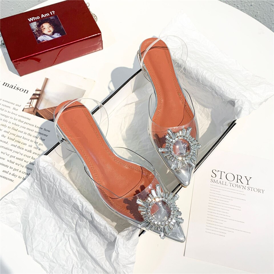 Clear PVC Transparent Sandals For Girls Women Flat Heel Point Toe Crystal Rhinestone Sunflower Buckle Decor Summer Shoes image 6