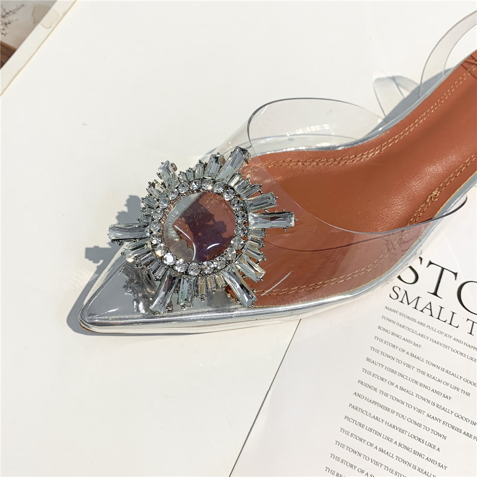 Clear PVC Transparent Sandals For Girls Women Flat Heel Point Toe Crystal Rhinestone Sunflower Buckle Decor Summer Shoes image 5