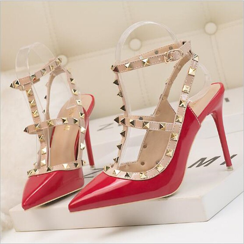10CM woman Sexy nightclub stiletto heels patent-leather metallic rivet hollow Roman sandals image 3