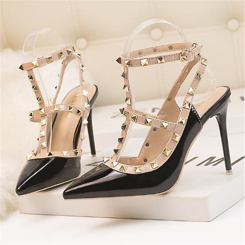 10CM woman Sexy nightclub stiletto heels patent-leather metallic rivet hollow Roman sandals image 6