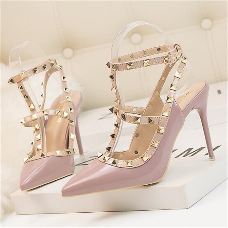10CM woman Sexy nightclub stiletto heels patent-leather metallic rivet hollow Roman sandals image 4