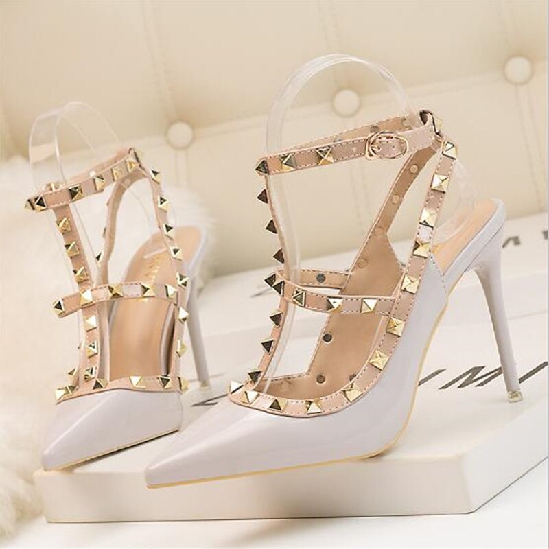 10CM woman Sexy nightclub stiletto heels patent-leather metallic rivet hollow Roman sandals image 5