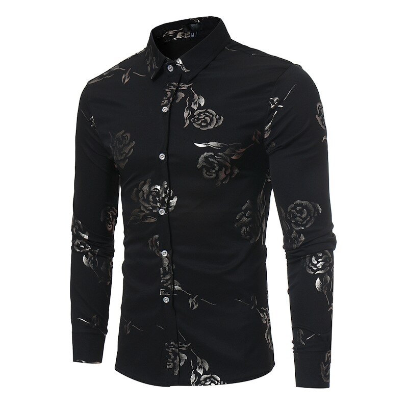Black Rose Floral Print Shirt Men Camisas Hombre Autumn New Slim Fit Long  Sleev | eBay