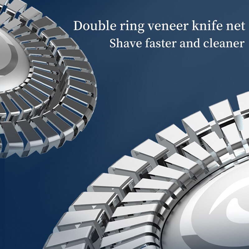 Double-ring rotary foil shown on compact electric shaver
