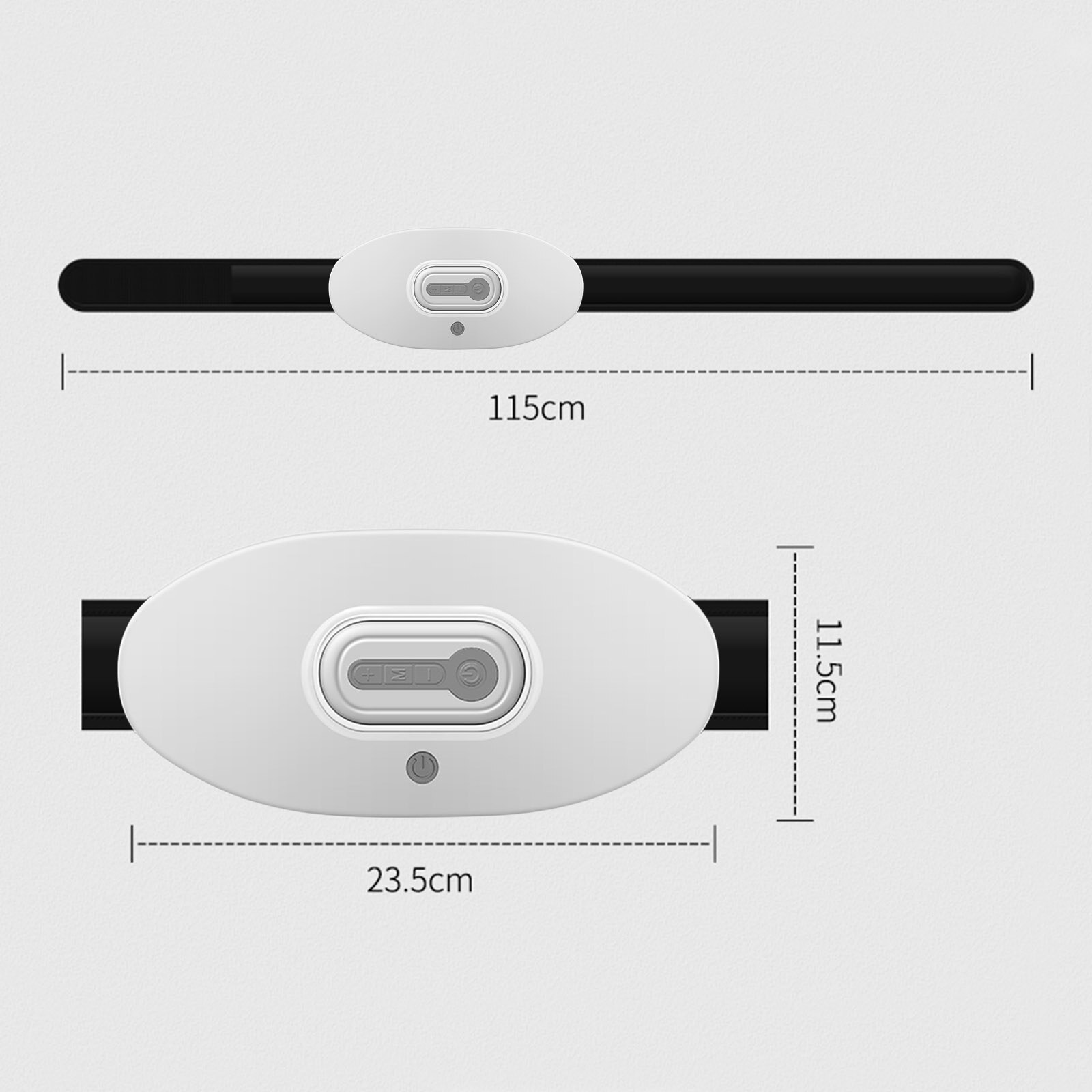 Belt dimensions diagram showing ergonomic design and adjustable strap