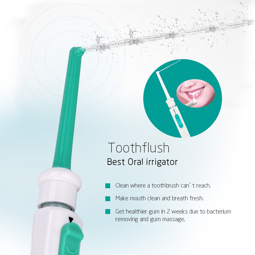 Product hero shot with dynamic water spray and inset showing a bright, healthy smile, illustrating the outcome