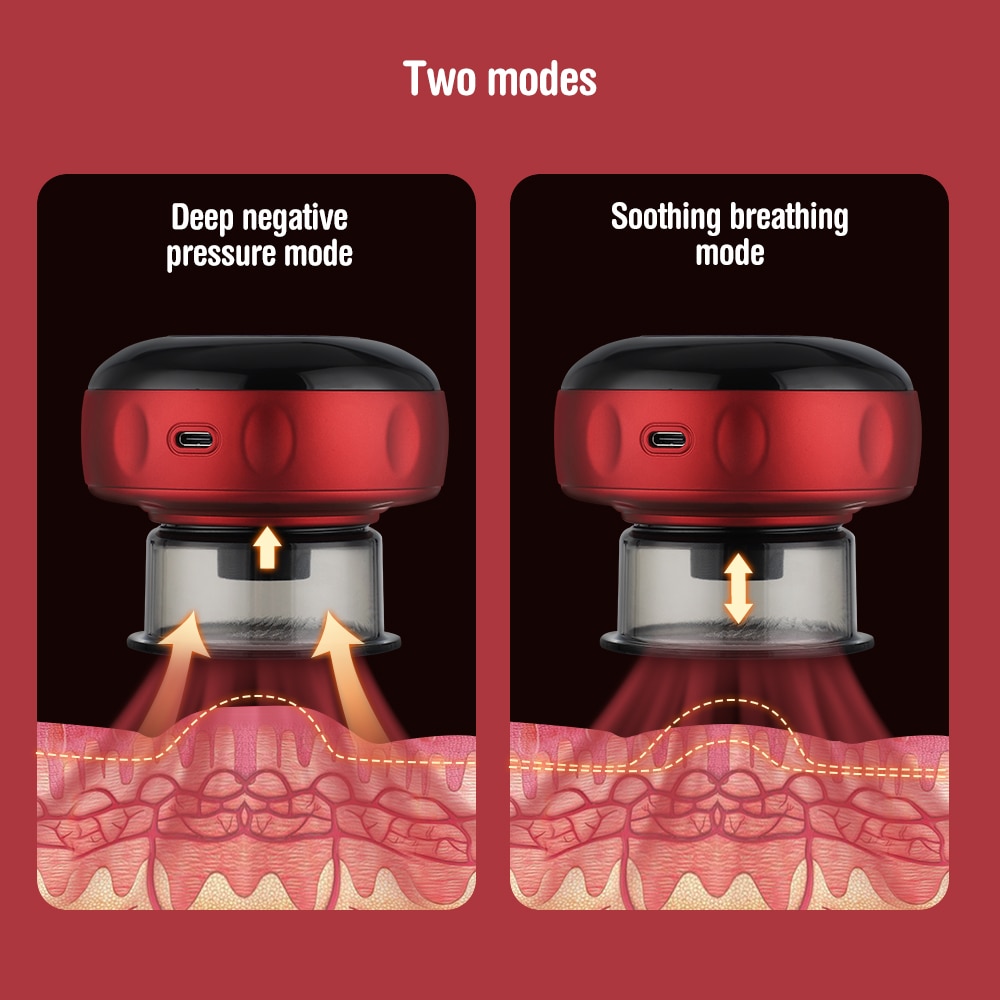 Dual operating mode diagram showing deep negative pressure versus soothing breathing with heat visualization