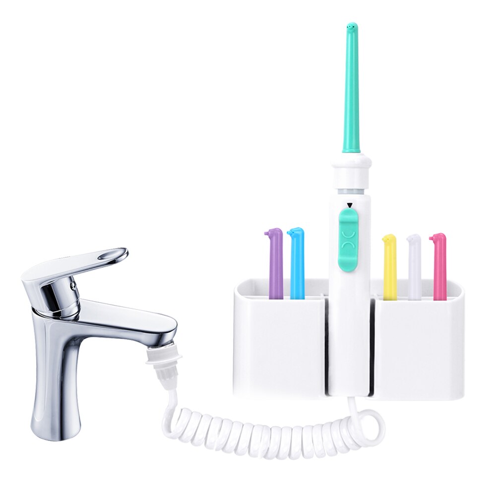 Complete water flosser kit with chrome faucet, 6 colored nozzle tips, and storage holder, representing a systematic oral care solution