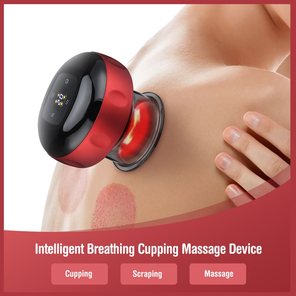 Intelligent Breathing Cupping Massage Device on shoulder with three functional modes displayed