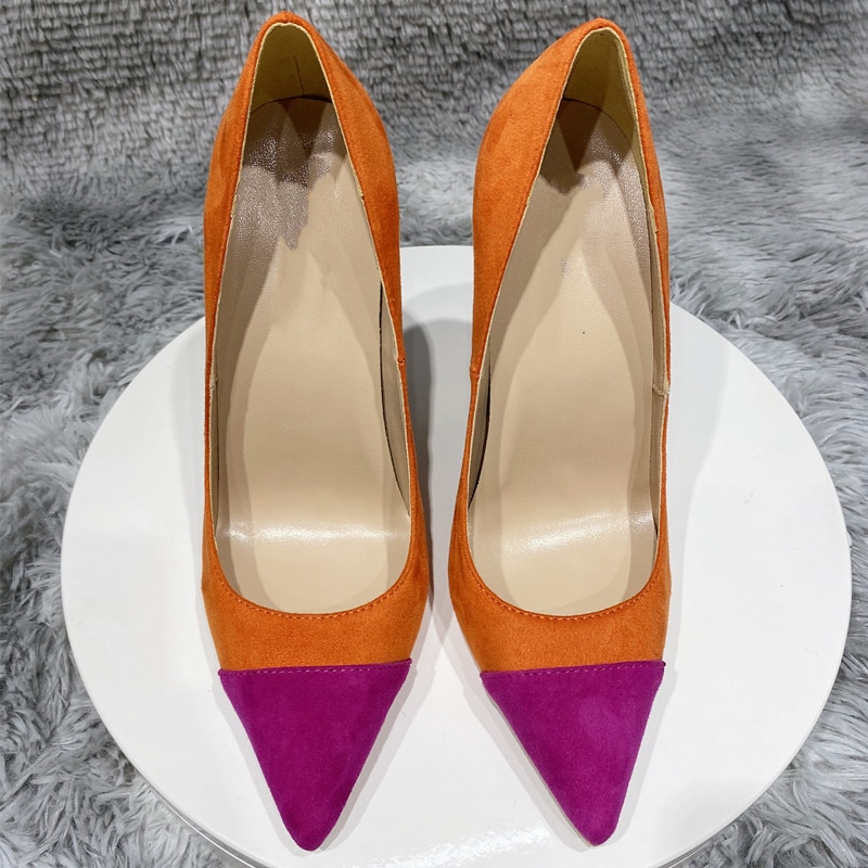 Tikicup Orange Purple Patchwork Women Flock Pointy Toe 8-12cm High Heel Shoes Faux Suede Elegant Stiletto Pumps Small Size 33 45 image 11