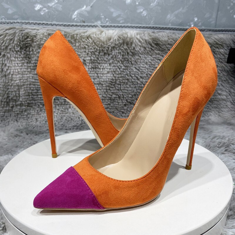 Tikicup Orange Purple Patchwork Women Flock Pointy Toe 8-12cm High Heel Shoes Faux Suede Elegant Stiletto Pumps Small Size 33 45 image 43