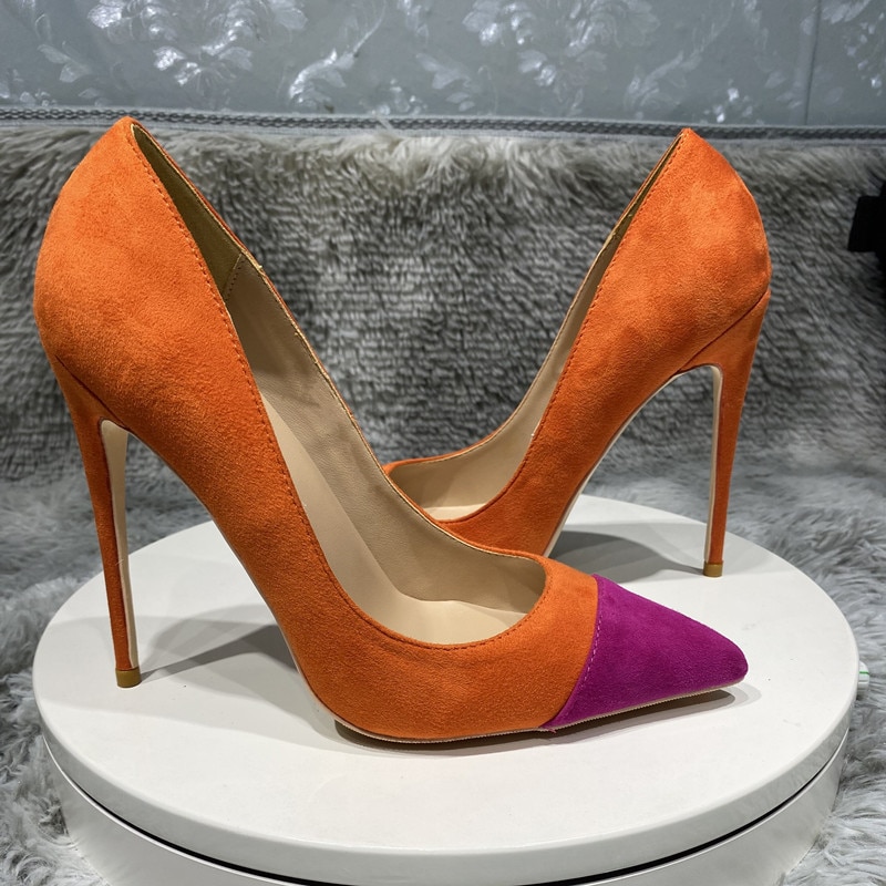 Tikicup Orange Purple Patchwork Women Flock Pointy Toe 8-12cm High Heel Shoes Faux Suede Elegant Stiletto Pumps Small Size 33 45 image 41