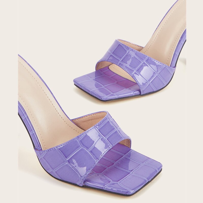 Elegant Purple High Heels Slippers For Women Ladies Snake Print Leather Square Toe Sandals Summer Party Shoes Slides image 11