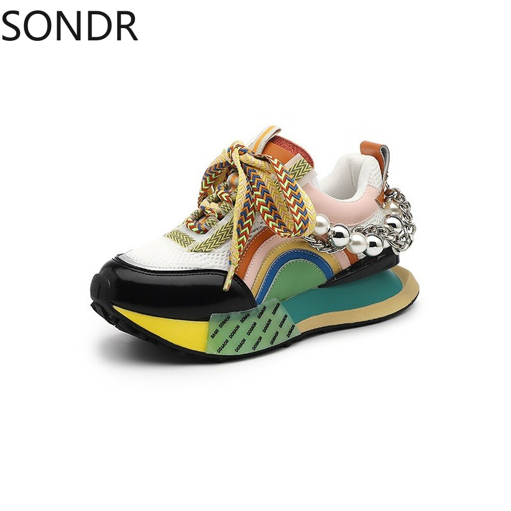Womens Genuine Leather Sneakers Lace Up Rainbow Colors Platform Pearls Chain Decor Girls Shoes Korean Styles image 12