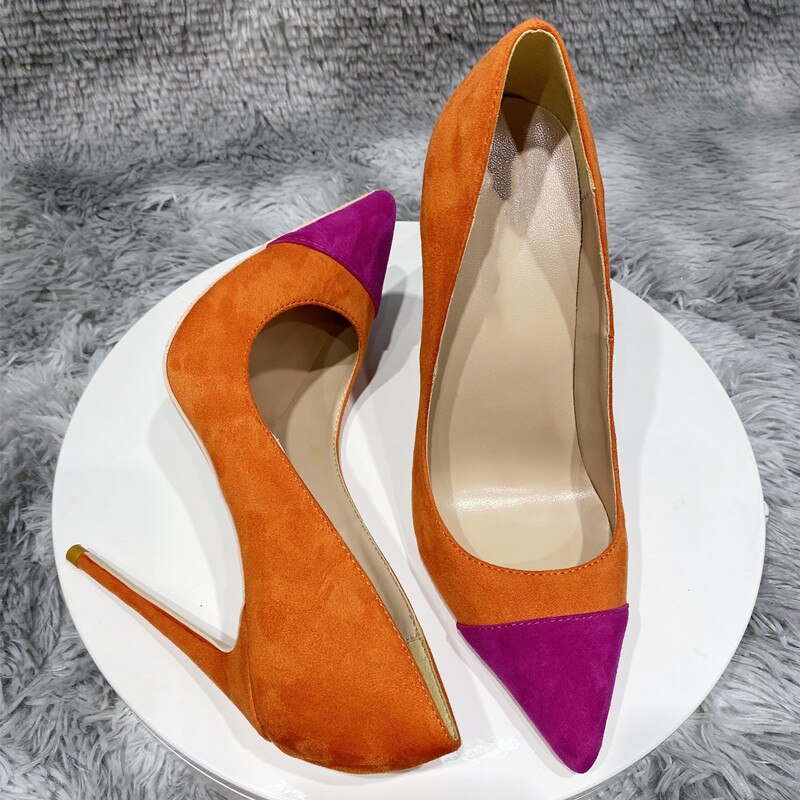 Tikicup Orange Purple Patchwork Women Flock Pointy Toe 8-12cm High Heel Shoes Faux Suede Elegant Stiletto Pumps Small Size 33 45 image 42