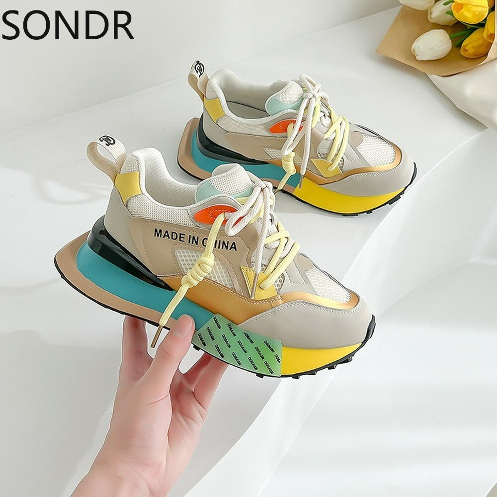 Womens Genuine Leather Sneakers Lace Up Rainbow Colors Platform Pearls Chain Decor Girls Shoes Korean Styles image 9