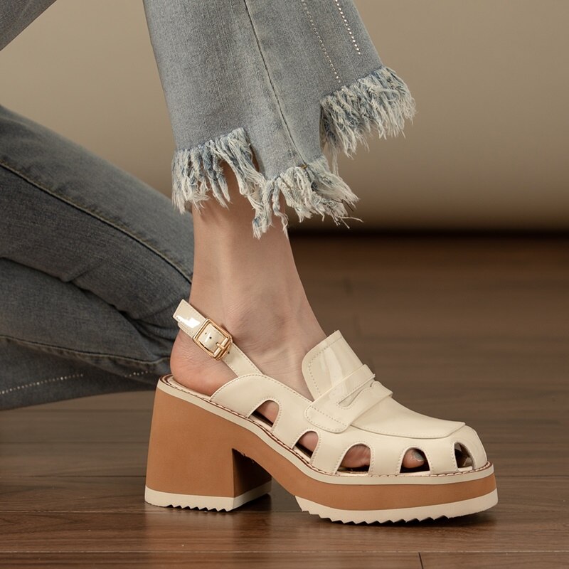 Muffin Thick Bottom Hollow Breathable Retro Thick Bottom Toe Leather Back Empty Belt Sandals image 4