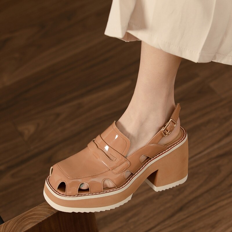 Muffin Thick Bottom Hollow Breathable Retro Thick Bottom Toe Leather Back Empty Belt Sandals image 3