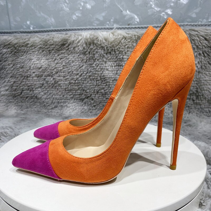 Tikicup Orange Purple Patchwork Women Flock Pointy Toe 8-12cm High Heel Shoes Faux Suede Elegant Stiletto Pumps Small Size 33 45 image 29