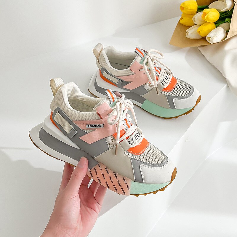 Womens Genuine Leather Sneakers Lace Up Rainbow Colors Platform Pearls Chain Decor Girls Shoes Korean Styles image 3