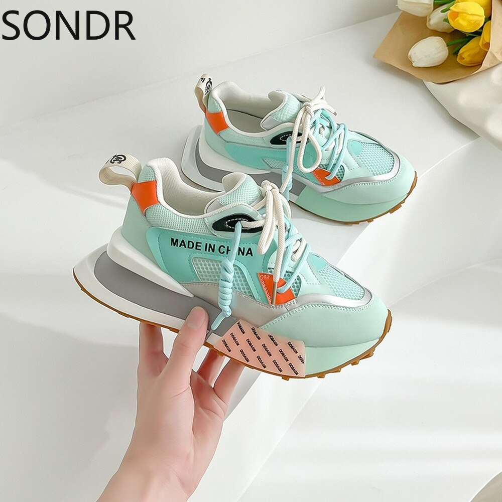 Womens Genuine Leather Sneakers Lace Up Rainbow Colors Platform Pearls Chain Decor Girls Shoes Korean Styles image 8