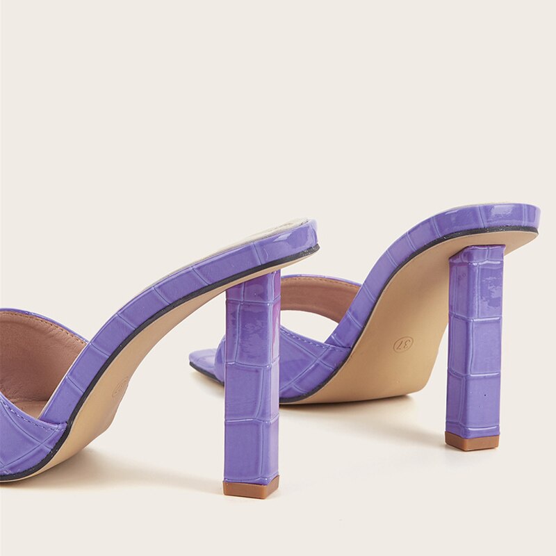 Elegant Purple High Heels Slippers For Women Ladies Snake Print Leather Square Toe Sandals Summer Party Shoes Slides image 12