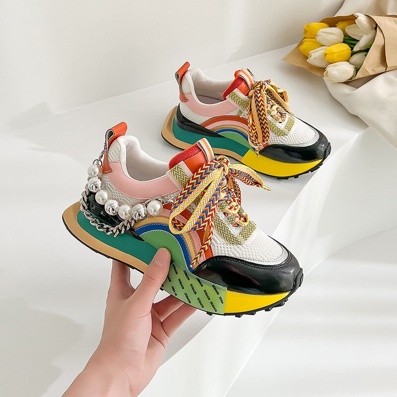 Womens Genuine Leather Sneakers Lace Up Rainbow Colors Platform Pearls Chain Decor Girls Shoes Korean Styles image 6