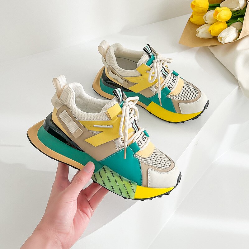 Womens Genuine Leather Sneakers Lace Up Rainbow Colors Platform Pearls Chain Decor Girls Shoes Korean Styles