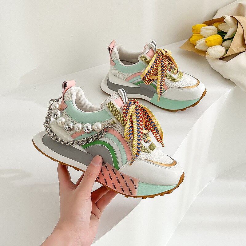 Womens Genuine Leather Sneakers Lace Up Rainbow Colors Platform Pearls Chain Decor Girls Shoes Korean Styles image 7