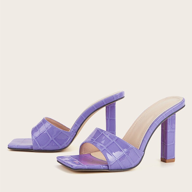 Elegant Purple High Heels Slippers For Women Ladies Snake Print Leather Square Toe Sandals Summer Party Shoes Slides image 14