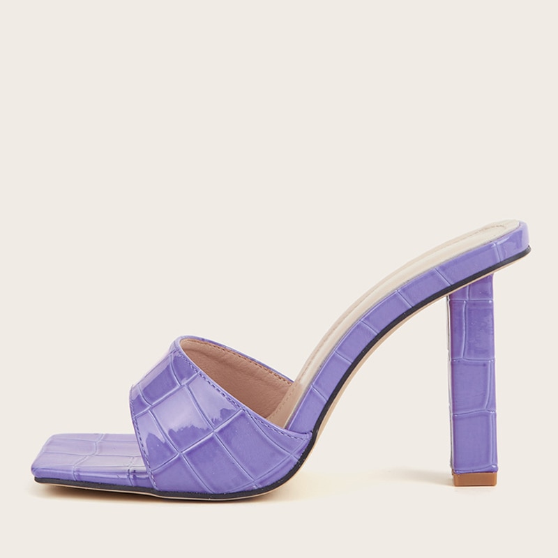 Elegant Purple High Heels Slippers For Women Ladies Snake Print Leather Square Toe Sandals Summer Party Shoes Slides image 9