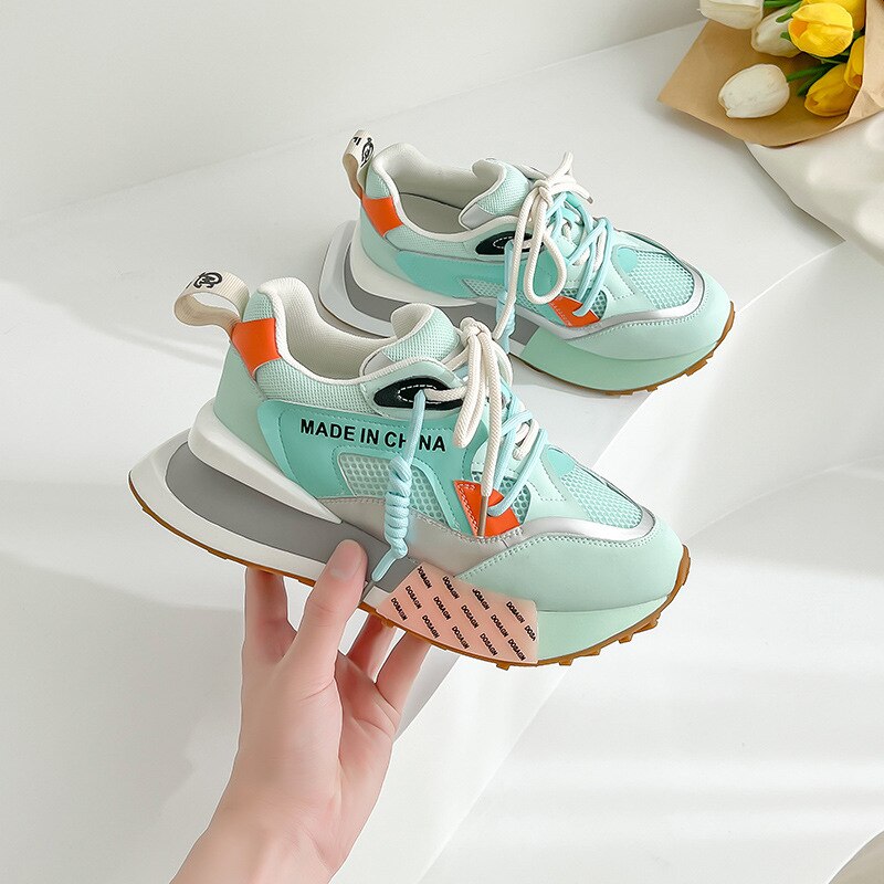 Womens Genuine Leather Sneakers Lace Up Rainbow Colors Platform Pearls Chain Decor Girls Shoes Korean Styles image 4