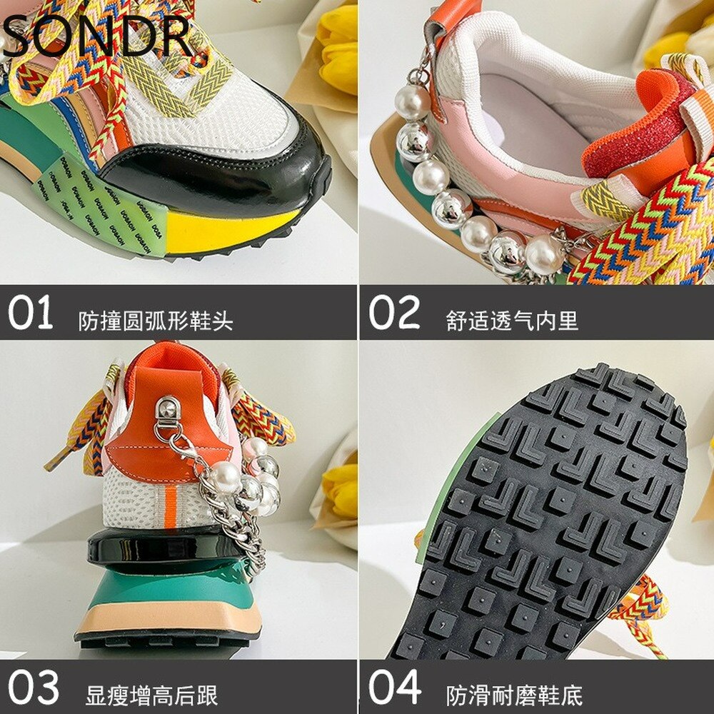 Womens Genuine Leather Sneakers Lace Up Rainbow Colors Platform Pearls Chain Decor Girls Shoes Korean Styles image 10